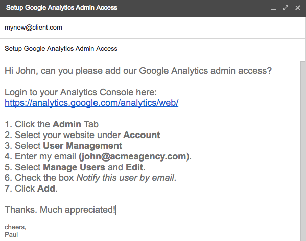 email template for requesting Google Analytics admin access from client