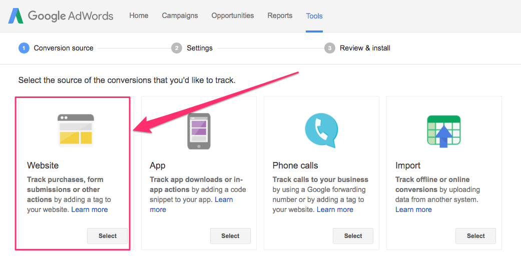How to Select Adwords Website Conversion Tracking Code